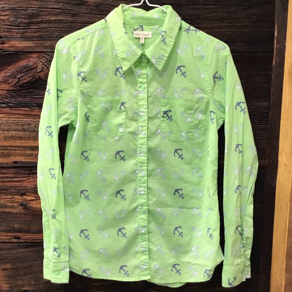 Red Camel Ling Sleeve Nautical Anchor Button Up Top Pastel Lime Green Shirt Med